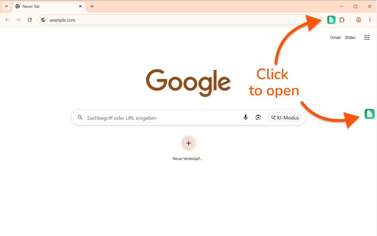 Screenshot showing how to open the llms.txt Generator extension from the Chrome toolbar.