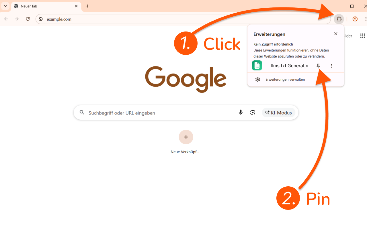 Screenshot showing how to pin the llms.txt Generator extension in Chrome.